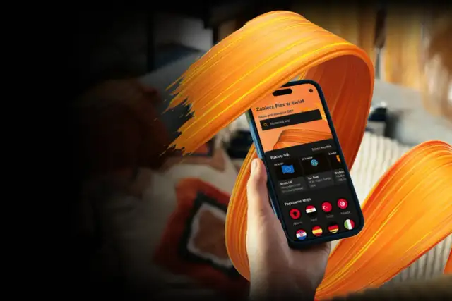 Dłoń trzyma smartfon z aplikacją do wyboru pakietów GB na **orange flex roaming**. Widoczne kraje popularne i strefy UE.