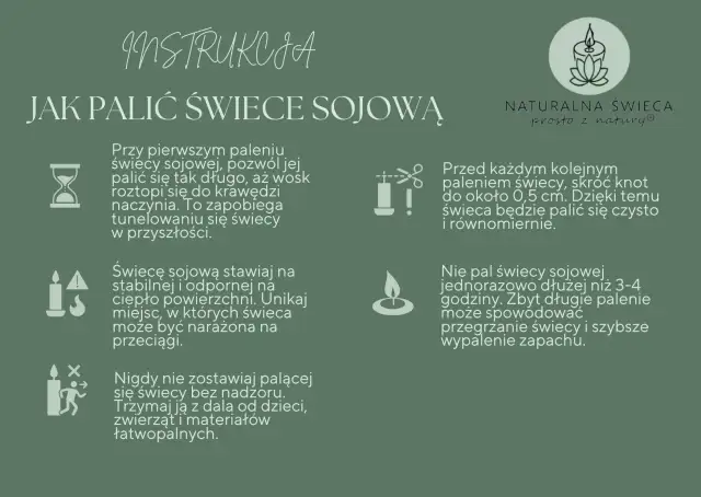Ilustracja z tekstem instrukcji palenia świec sojowych, z ikonami i logo.