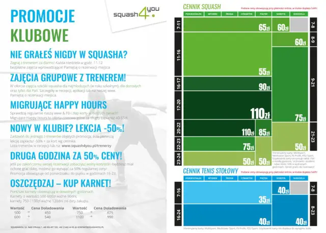 Grafika przedstawia cennik squash i tenisa stołowego z podziałem na godziny i dni tygodnia.