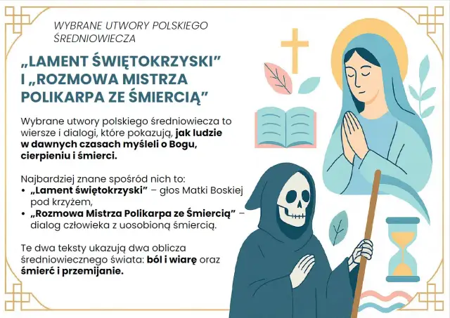 Postać Śmierci, modląca się Matka Boska, krzyż, księga i klepsydra.