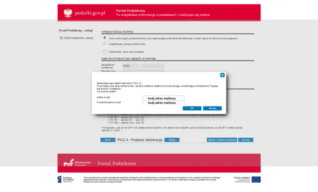 Okno dialogowe z prośbą o podanie adresu e-mail do weryfikacji dokumentu PCC-3.