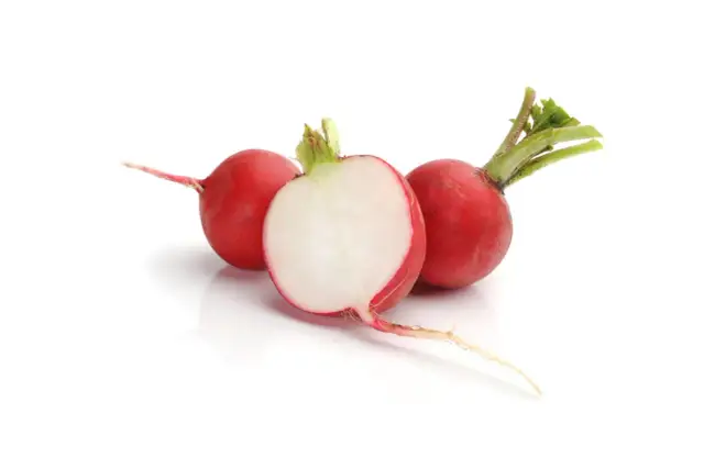 Czy świnki morskie mogą jeść rzodkiewkę? Na zdjęciu trzy rzodkiewki, jedna przekrojona na pół, ukazująca biały środek.