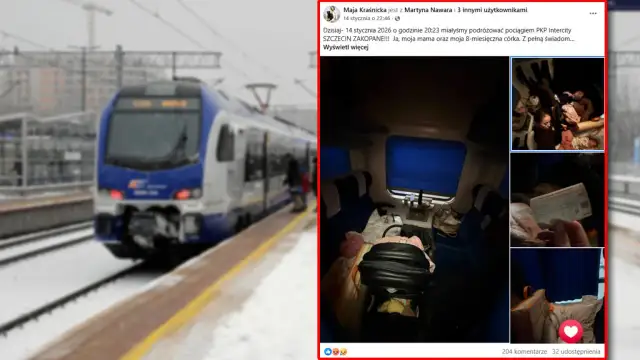 Pociąg PKP Intercity na stacji zimą. W środku bagaże i dziecko. Czekam na odpowiedź PKP ws. reklamacji.