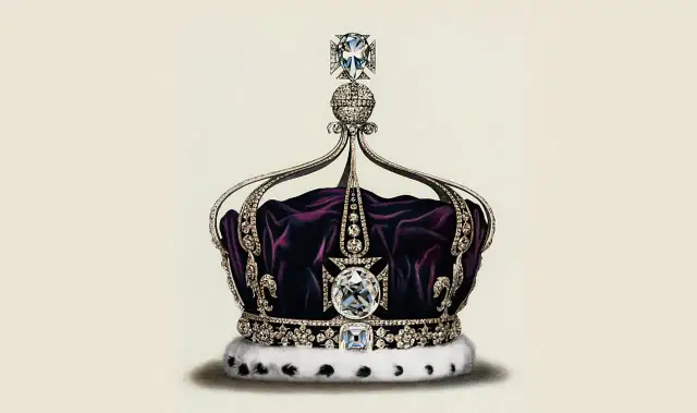 Korona z klejnotami korony brytyjskiej, ozdobiona diamentami i obszyta futrem.
