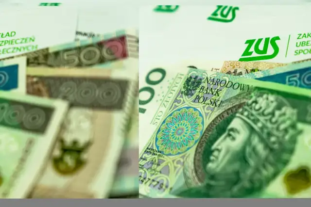 Polskie banknoty 100, 200 i 500 zł oraz logo ZUS.