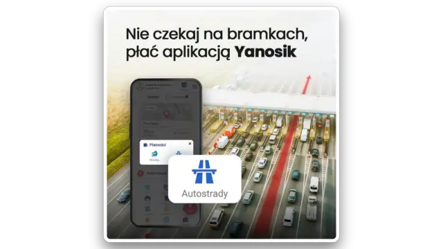 Telefon z aplikacją Yanosik pokazuje płatności za autostrady, obok widok bramek z samochodami.