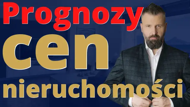 Mężczyzna w garniturze na tle tekstu "Prognozy cen nieruchomości".