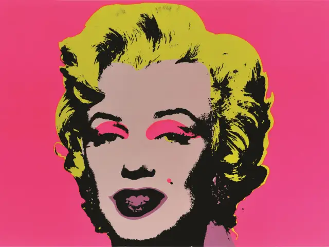 Ikona pop artu Andy Warhol w swoim stylu przedstawia Marilyn Monroe z jaskrawożółtymi włosami i różowym tłem.