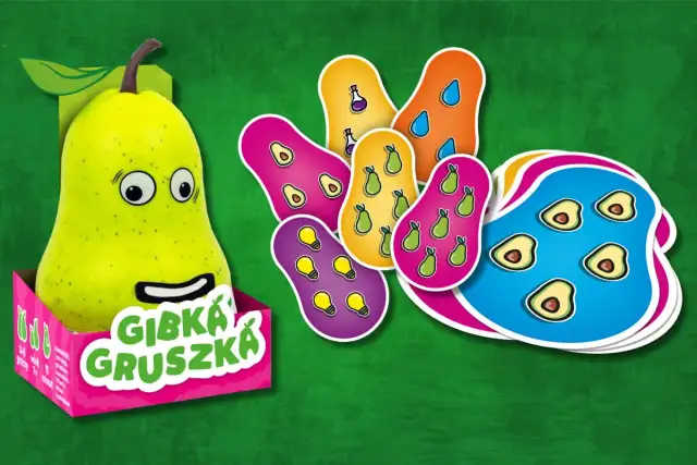 Wesoła gruszka zaprasza do gry "Gąbka Gruszka". Kolorowe karty z owocami i żarówkami tworzą zagadkę o gruszce.