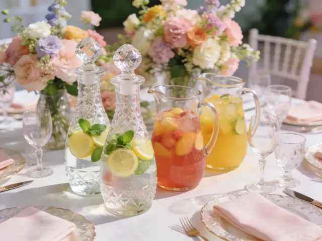 Elegancko nakryty stół weselny z dzbankami napojów, owocami i kwiatami.