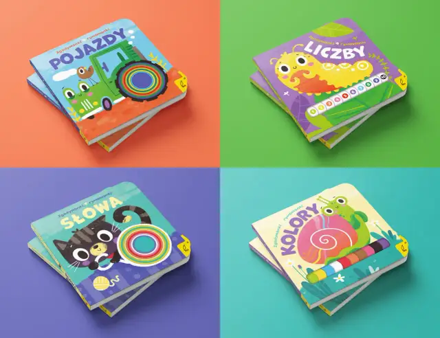 Cztery okładki książek dla dzieci: pojazdy, liczby, słowa i kolory.