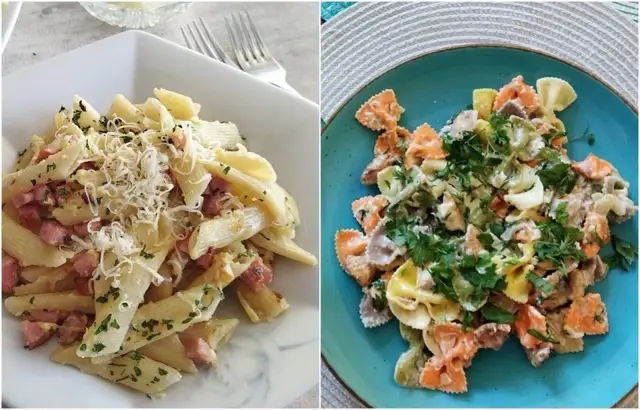 Dwa dania z makaronem: penne z boczkiem i parmezanem oraz kolorowe farfalle w kremowym sosie. Idealne pomysły, z czym zrobić makaron na obiad.