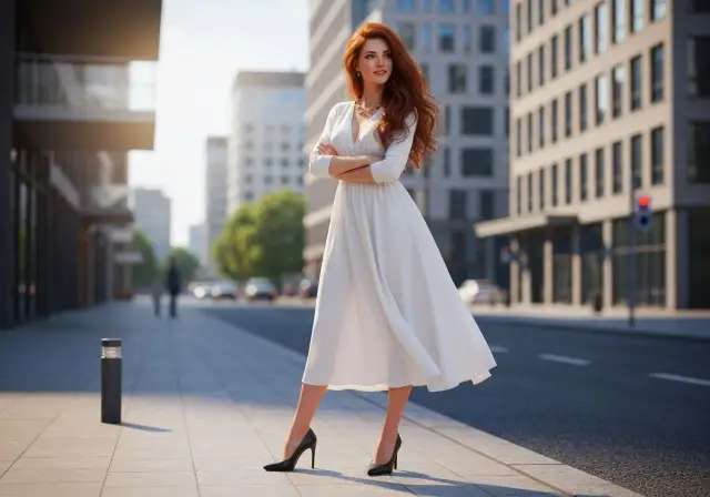 Elegancka kobieta w białej sukience i czarnych butach na obcasie stoi na chodniku w mieście.