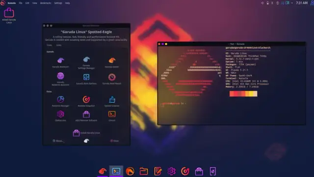 Ekran z systemem Garuda Linux, pokazujący menu powitalne i terminal z informacjami o systemie. To top Linux dla entuzjastów.