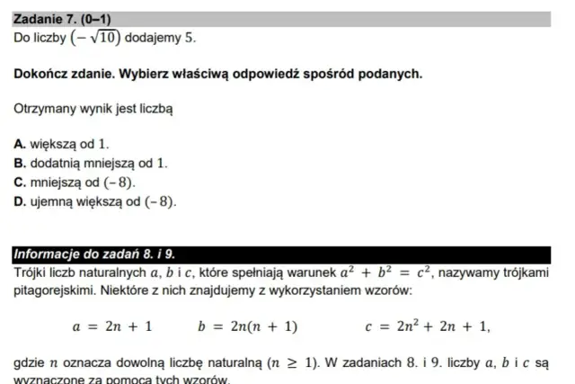 Fragment zadania z matematyki z pytaniem o liczbę i wzorami na trójki pitagorejskie.