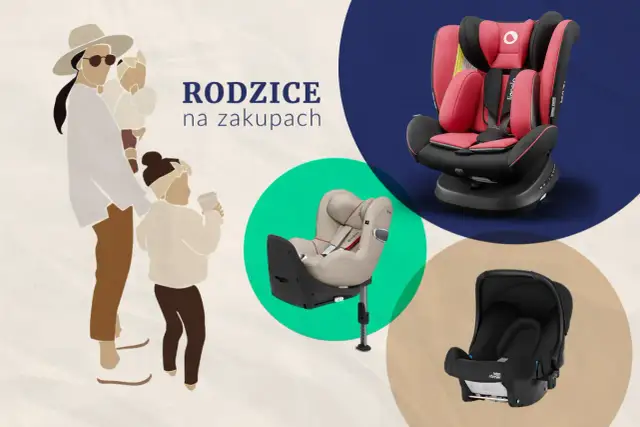 Rodzice na zakupach wybierają bezpieczny fotel dla dziecka. Różne modele fotelików samochodowych.
