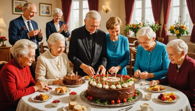 Uroczyste życzenia imieninowe dla starszej osoby przy torcie. Rodzina świętuje przy stole.