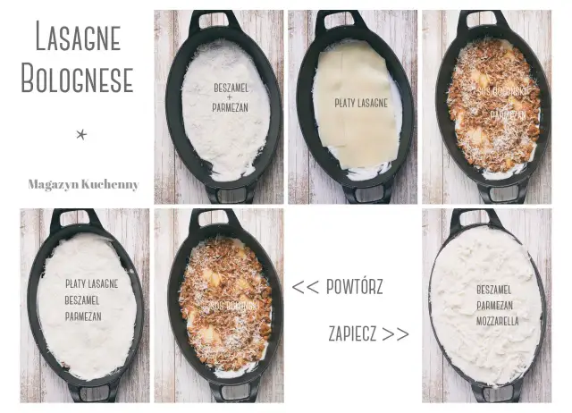 Przepis na lasagne bolognese: warstwy beszamelu, parmezanu, płatów lasagne i sosu bolońskiego, powtórz i zapiecz.