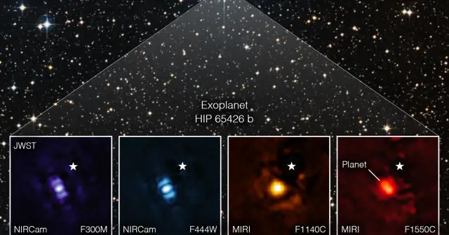 Cztery obrazy egzoplanety HIP 65426 b wykonane różnymi instrumentami JWST.