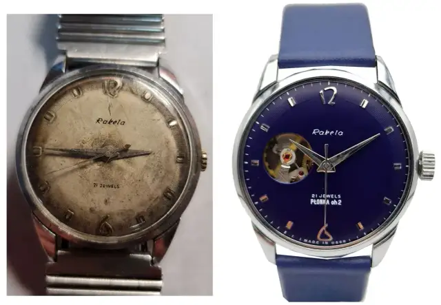 Renowacja starych zegarów: zniszczona tarcza Raketa przed i po przywróceniu blasku, z nowym niebieskim paskiem.