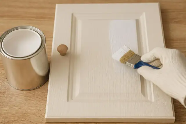 Malowanie drewnianej szafki na biało pędzlem, obok stoi puszka z farbą.
