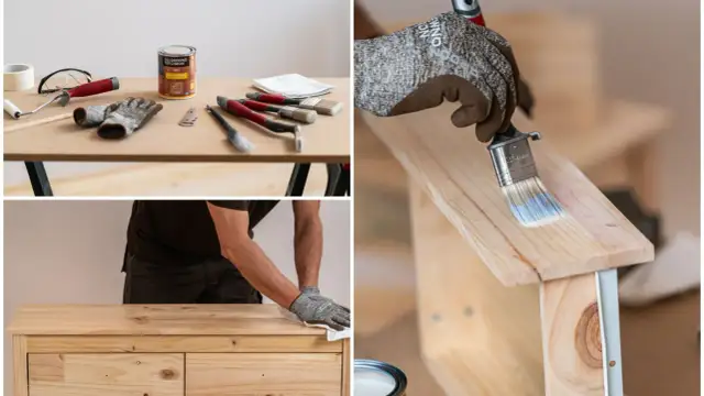 Przygotowanie drewna do lakierowania: pędzle, rękawice i lakier. Nakładanie pierwszej warstwy ochronnej.