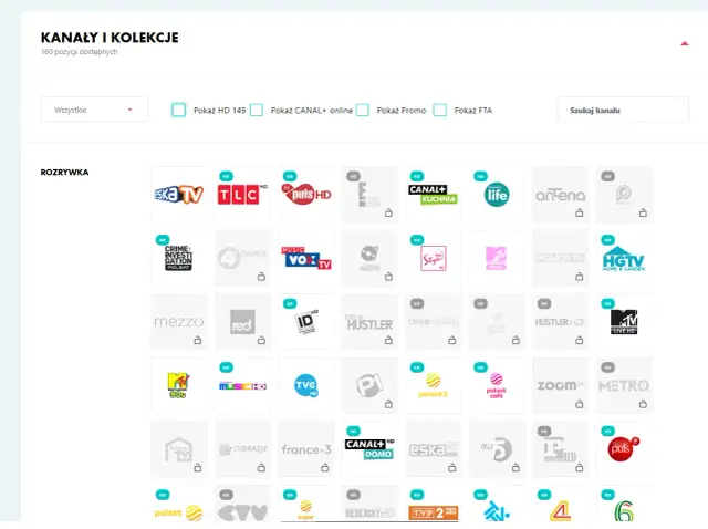 Siatka z logotypami kanałów telewizyjnych, m.in. Eska TV, TLC, Puls HD, Canal+ Kuchnia, Discovery Life.