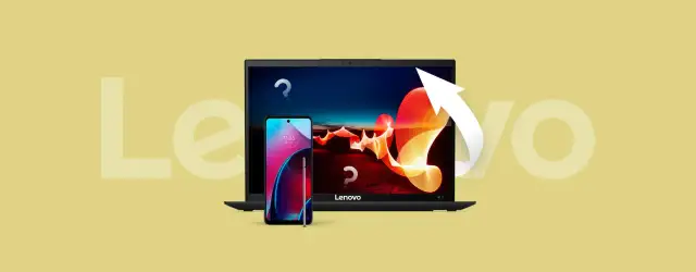Jak zresetować tablet Lenovo? Laptop i smartfon Lenovo z pytajnikami i strzałką wskazującą na odświeżenie.