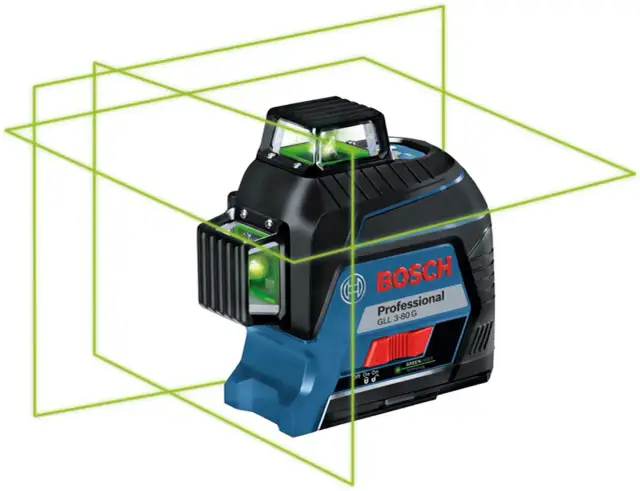 Poziomica laserowa Bosch GLL 3-80 G z zielonymi liniami lasera.