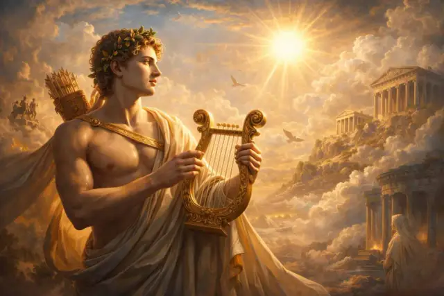 Apollo, bóg muzyki i słońca, gra na lirze wśród chmur. W tle widać greckie świątynie, nawiązujące do mitu o Apollo.