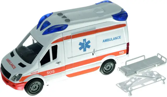 Zabawkowa karetka pogotowia z noszami na białym tle.