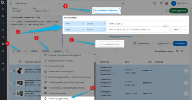Strzałki wskazujące na opcje filtrowania produktów, zaawansowane filtrowanie i menu operacji w interfejsie aplikacji.