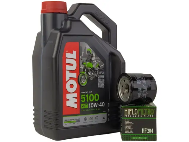 Czarny kanister oleju Motul 5100 10W-40 i filtr oleju Hiflofiltro HF204.