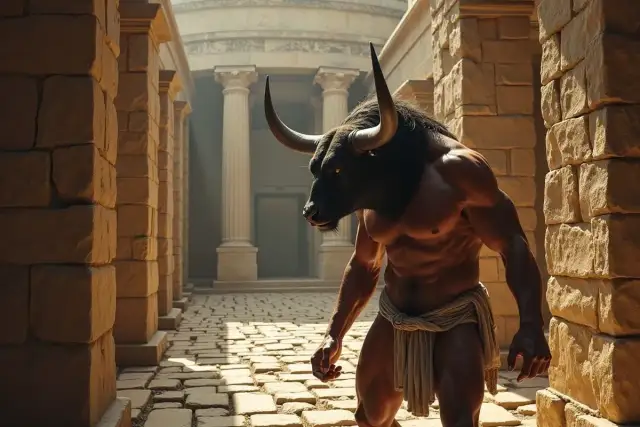 Potężny Minotaur, postać z mitu o minotaurze, kroczy przez kamienne korytarze labiryntu.