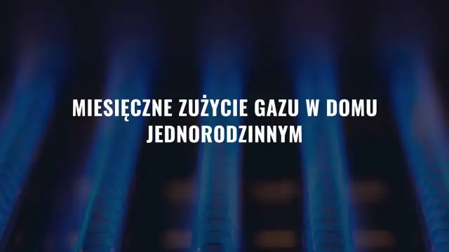 Płomienie palnika gazowego i tekst: "Miesięczne zużycie gazu w domu jednorodzinnym". Dowiedz się, ile gazu zużywa piec gazowy.