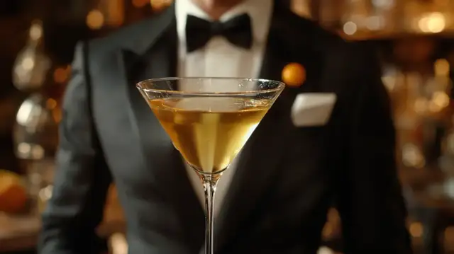 Elegancki mężczyzna w smokingu podaje Martini wstrząśnięte czy zmieszane. Złocisty trunek w kieliszku, idealnie schłodzony.