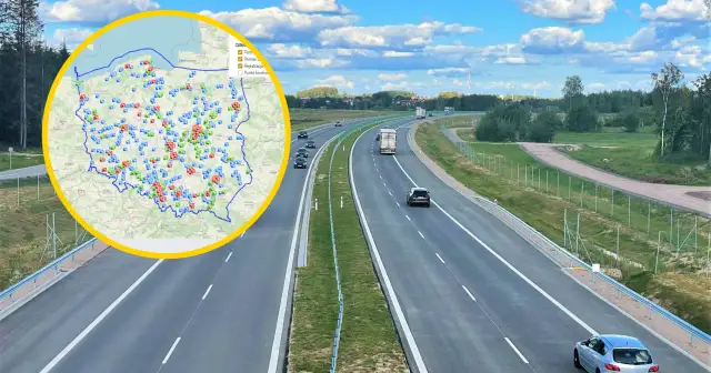 Mapa Polski z zaznaczonymi punktami kontrolnymi i odcinkowy pomiar prędkości S7.