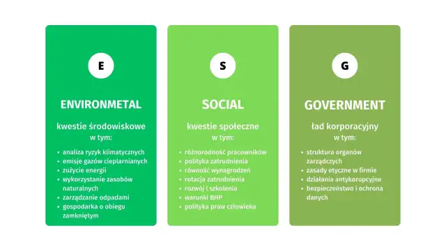 Wyjaśnienie ESG: kwestie środowiskowe (E), społeczne (S) i ład korporacyjny (G).