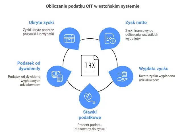 Schemat obliczania podatku CIT w estońskim systemie: ukryte zyski, zysk netto, wypłata zysku, stawki podatkowe, podatek od dywidendy.