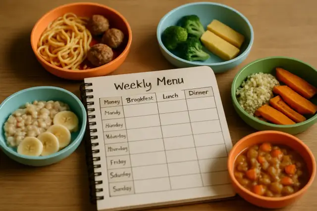 Zdrowe posiłki dla 11-miesięcznego dziecka: kaszka z bananem, klopsiki ze spaghetti, warzywa i owoce. Planowanie posiłków ułatwia dbanie o dietę malucha.