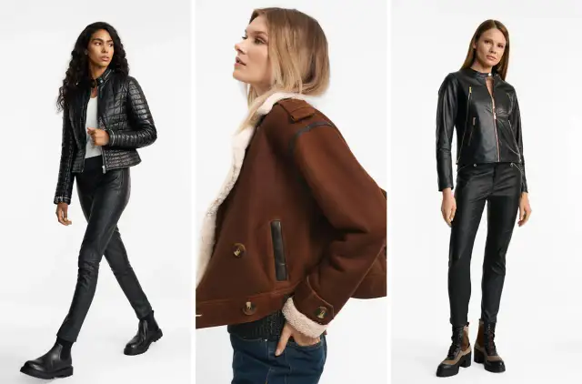 Brązowa kurtka aviator z futerkiem i czarne skórzane stylizacje.