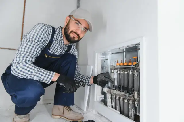 Instalator sprawdza jakie przepływy na rotametrach w rozdzielaczu ogrzewania podłogowego.