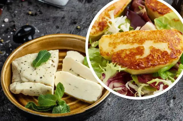 Kawałki sera halloumi na talerzu i w sałatce.