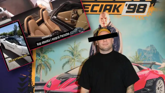 Dwa samochody, jeden biały sportowy, drugi czerwony, obok dwóch mężczyzn na tle tropikalnego krajobrazu.