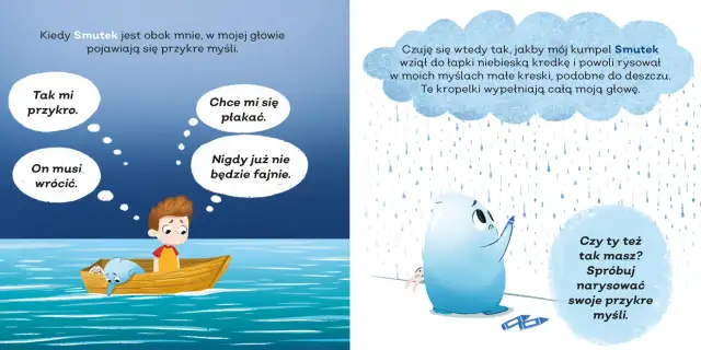 Chłopiec w łódce czuje smutek, jego myśli są jak deszcz. Postać Smutku rysuje niebieskie kreski, które wypełniają głowę.