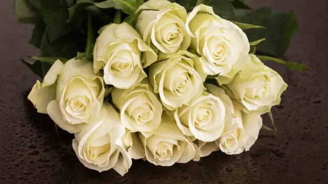 Białe róże, kwiaty symbolizujące miłość, z kroplami rosy na płatkach, ułożone na ciemnym, błyszczącym tle.