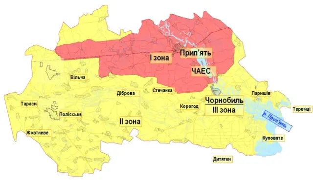 Mapa pokazująca strefy wokół Czarnobyla. Widać tu Prypeć, Czarnobylską Elektrownię Atomową i rzekę Prypeć.