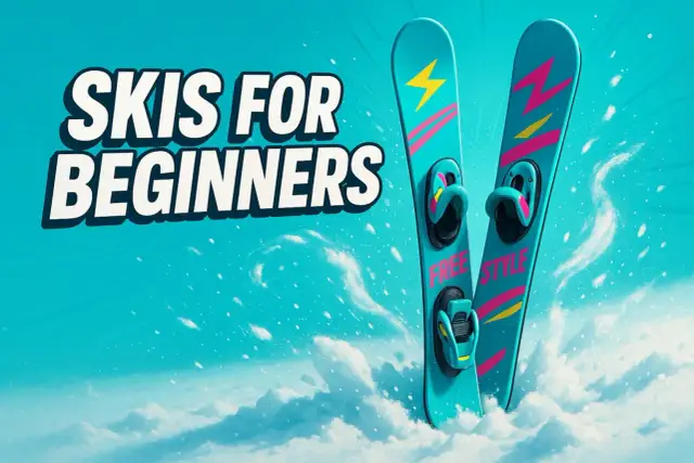 Kolorowe narty freestyle, idealne jako jakie narty dla początkujących. Tekst "SKIS FOR BEGINNERS" na tle błękitnego nieba i śniegu.