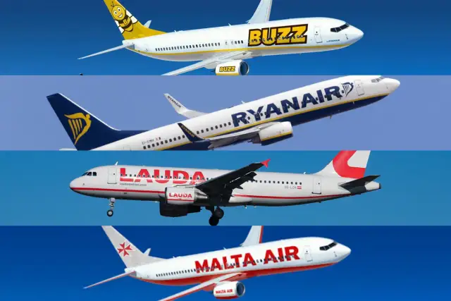 Samoloty linii Buzz, Ryanair, Lauda i Malta Air na tle nieba. Ryanair to tanie linie lotnicze, które oferują loty po Europie.