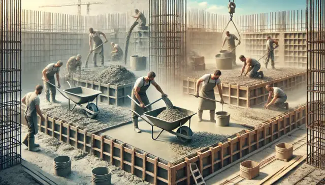 Budowlańcy pracują na budowie, przygotowując beton. Czas, ile schnie zaprawa cementowa, zależy od wielu czynników.